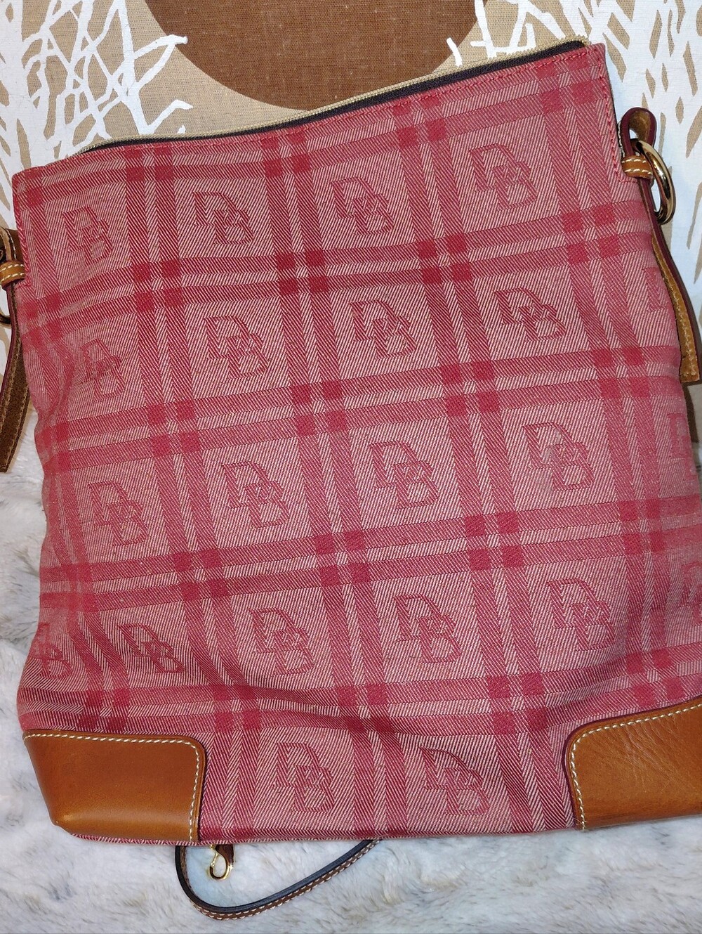 Dooney & Bourke Red Plaid Crossbody with Brown Leather Trim and Tassel. - Picture 2 of 6